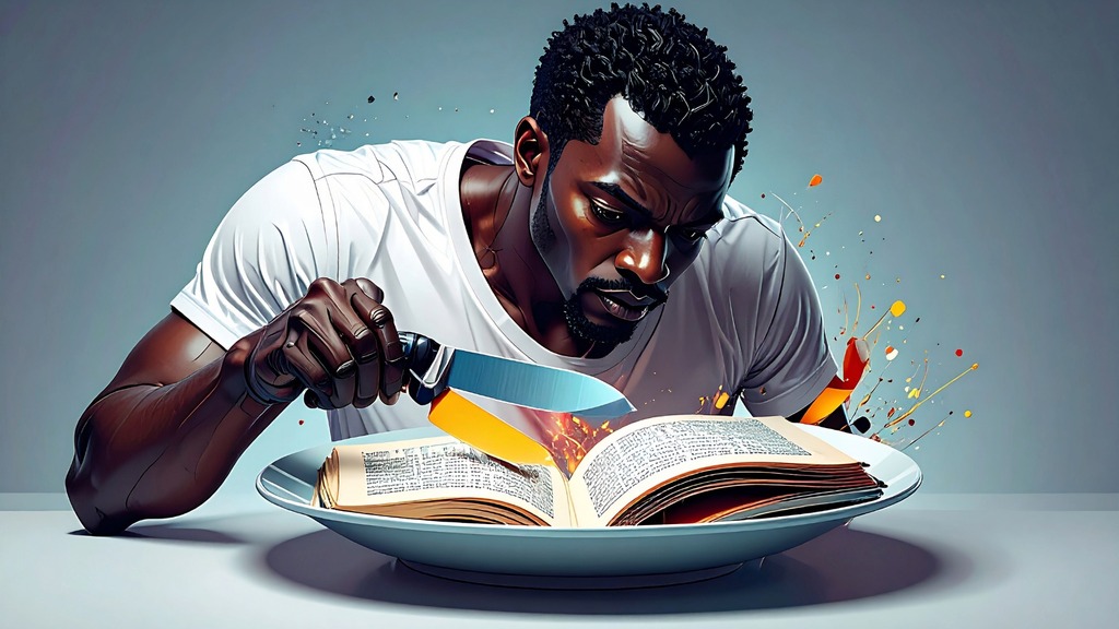 Black man with a butterknife reading the bible on a plate