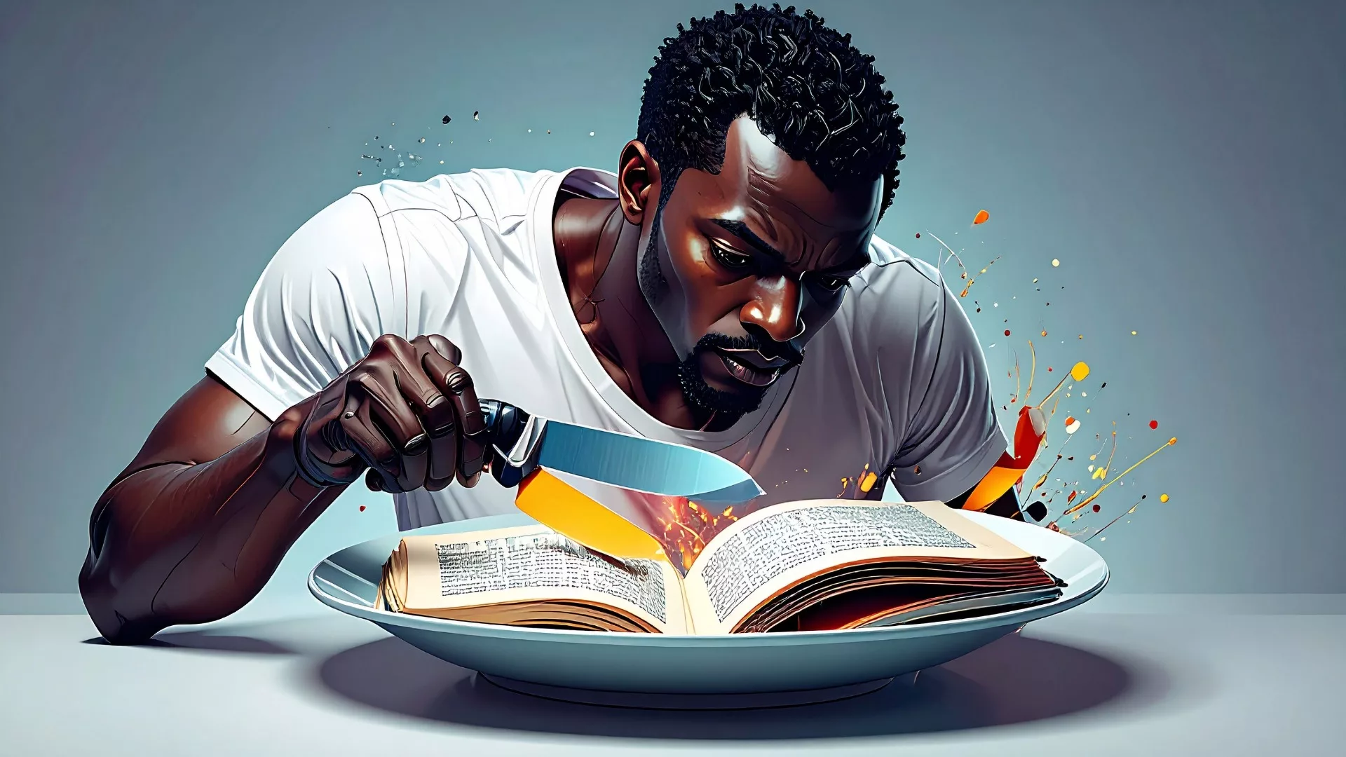 Black man with butterknife and bible on a plate.